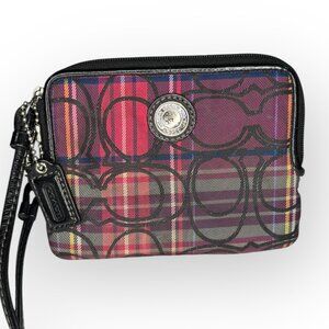 Coach Signature Plaid Wristlet Zip Wallet Pouch | Subtle Shimmer | Pink Interior